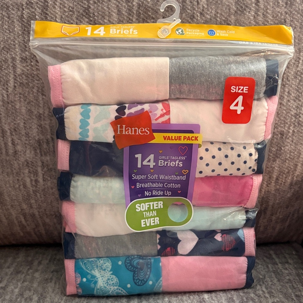 Hanes Girls' 14-Pack Briefs Size 4- Pink, Blue, Gray & White Mix